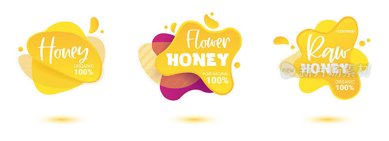 Set of bright honey vector label. Bright and shine stickers, labels, tags and banners for honey product. For badges and tags of fresh market, farmers market, eco shop, green bar, beekeeper.